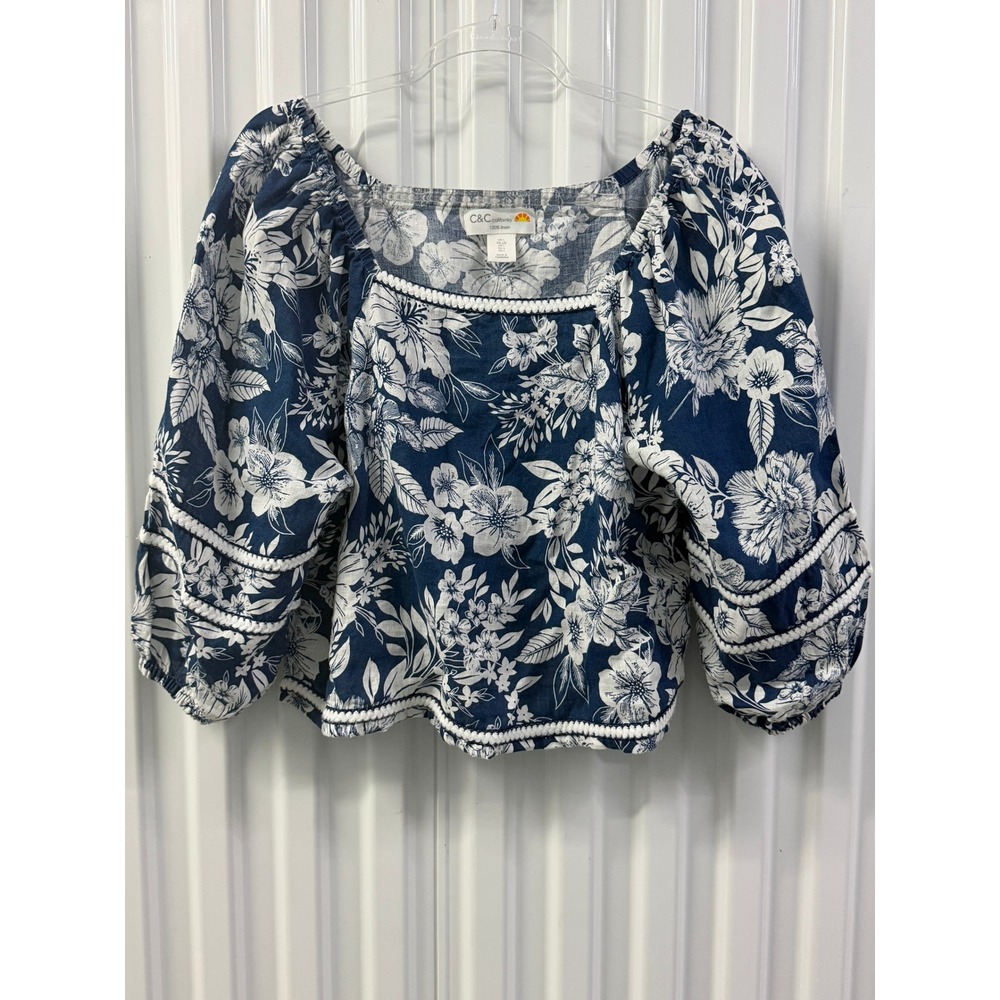 C&C California Linen Blouse Womens L Coastal Cottagecore Floral Puff Sleeve